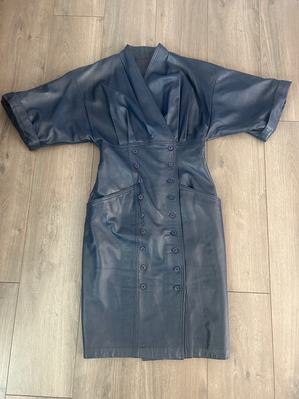 Vintage Genuine Leather Navy Midi Dress Double Breasted vntg Size 6